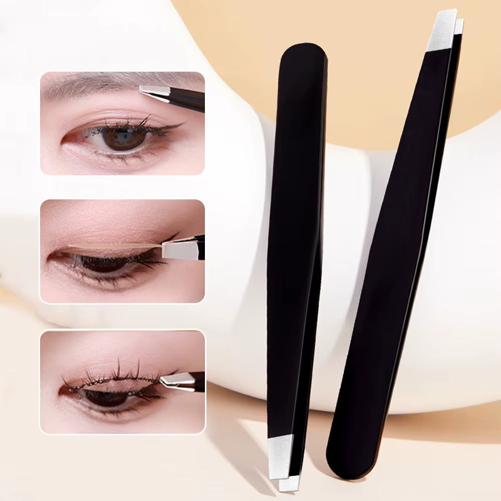 Stainless Steel Black Eyebrow Tweezer with Slant and Flat Point Beauty Tools for Eyebrows & Ingrown Hair Removal