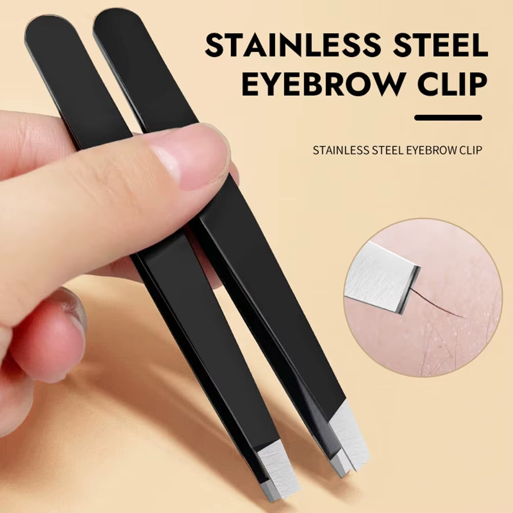 Stainless Steel Black Eyebrow Tweezer with Slant and Flat Point Beauty Tools for Eyebrows & Ingrown Hair Removal