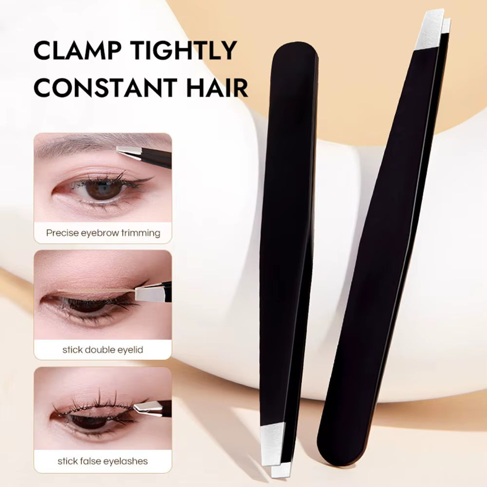 Stainless Steel Black Eyebrow Tweezer with Slant and Flat Point Beauty Tools for Eyebrows & Ingrown Hair Removal